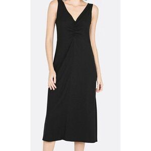Vince Sz S Black Stretch Crepe Double V Neck Ruched Midi Dress